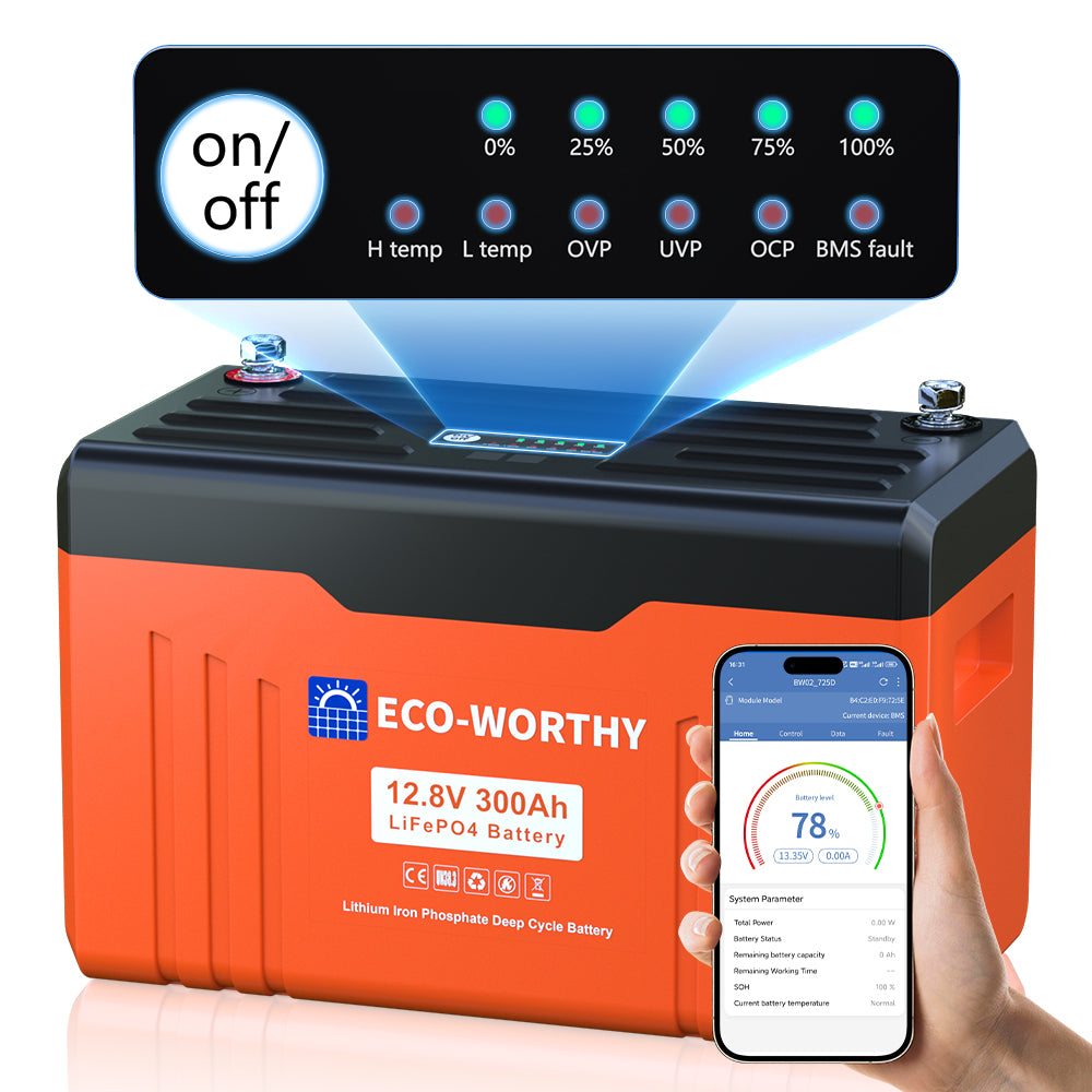 ECO-WORTHY 12V 300AH Lifepo4 Lithium Battery Bluetooth with SOC LEDs and Low Temp Protection