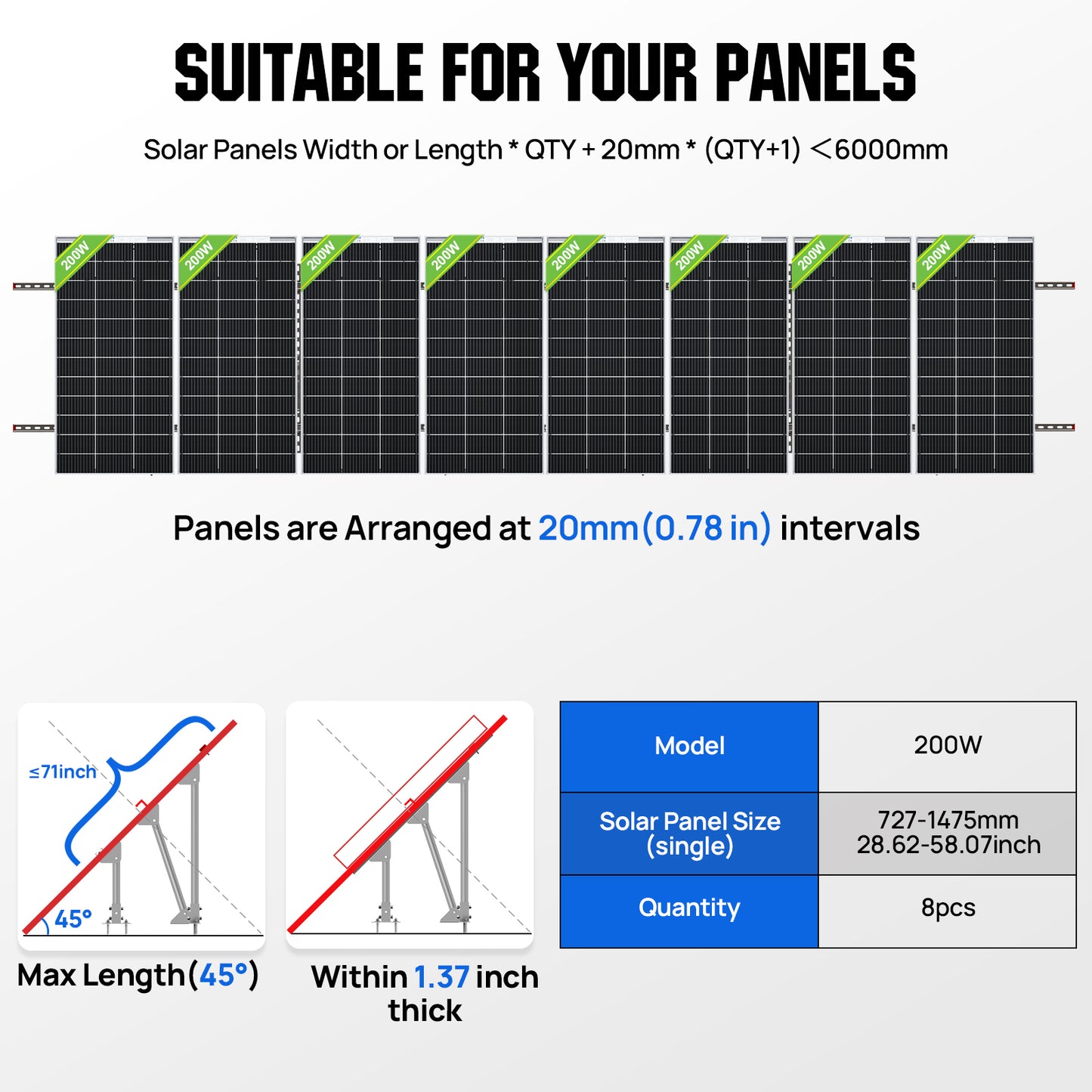 Updated Adjustable Multi-Piece Solar Panel Mounting Brackets for 5-8 Pieces of 200W 300W 400W Solar Panels