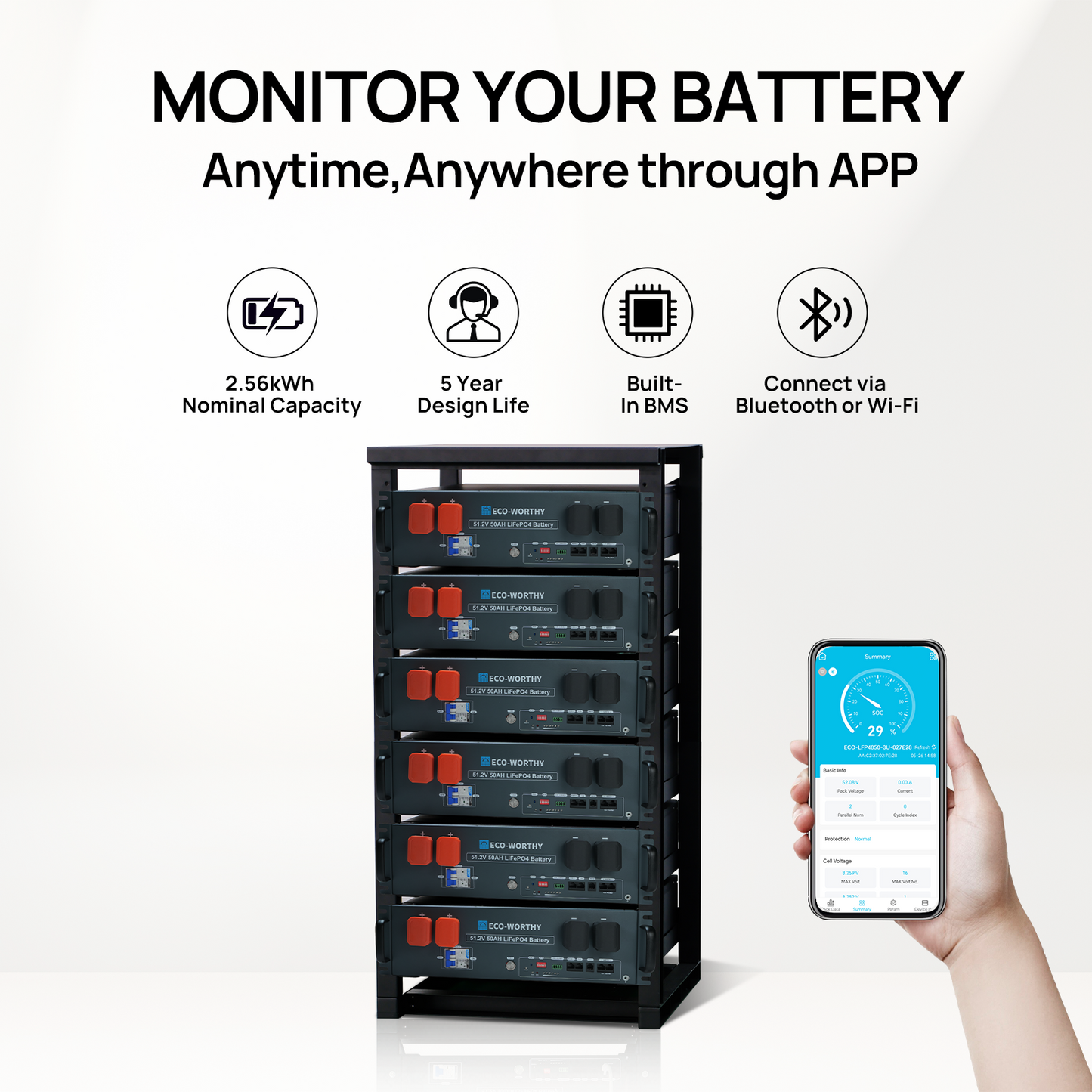 ECO-WORTHY 48V(51.2V) 50Ah Server Rack Battery,2.56kWh Lithium Battery,3U Size,With Bluetooth & Wifi